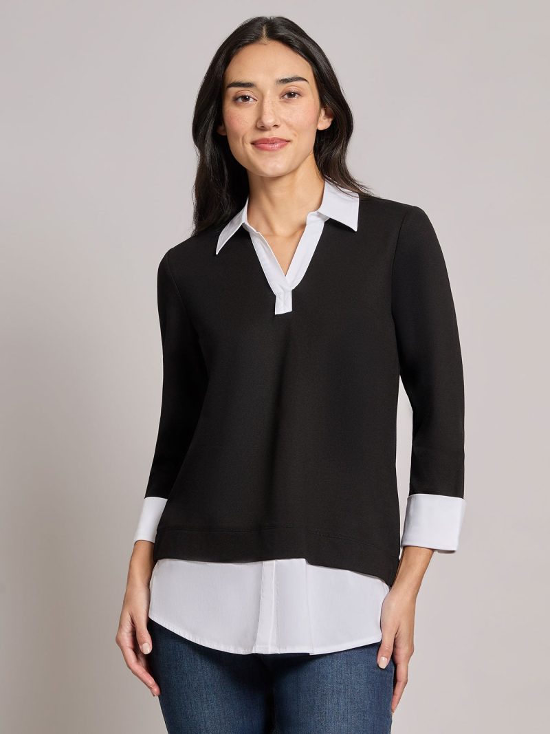 Collared Shirt V-Neck Two-Fer Top in the Color Jones Black/Nyc White | Jones New York