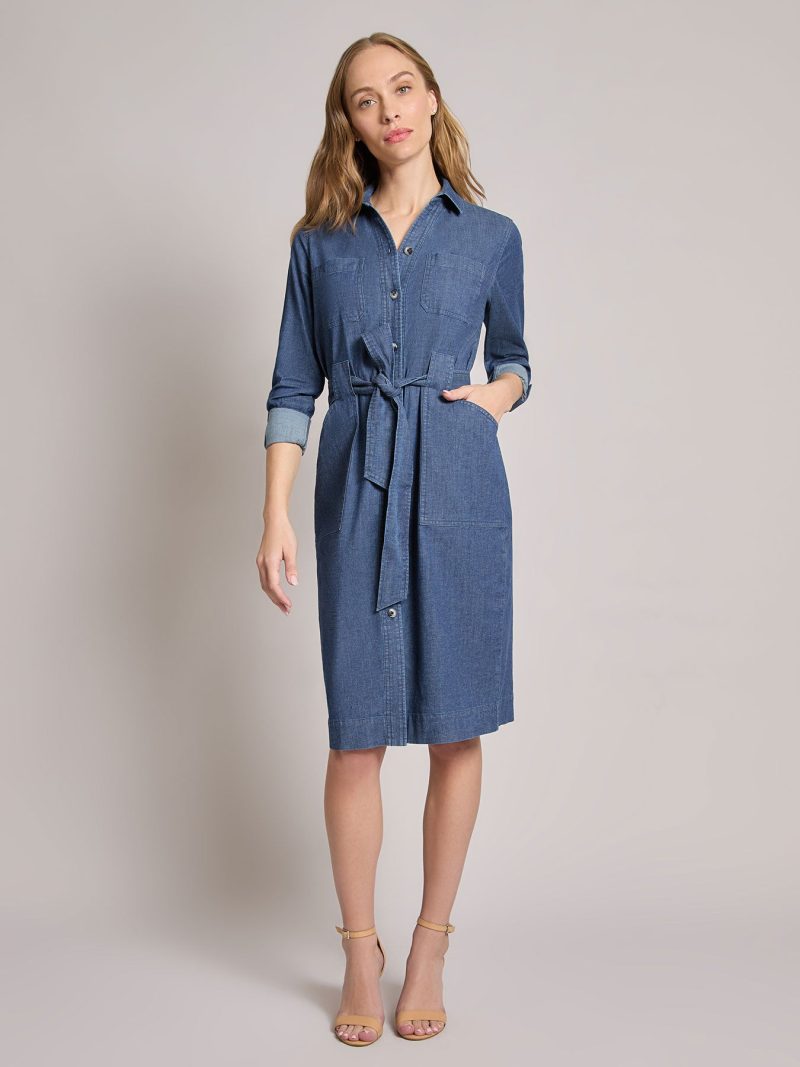 Plus Pocket Tie Dress, Denim in the Color Dark Wash | Jones New York