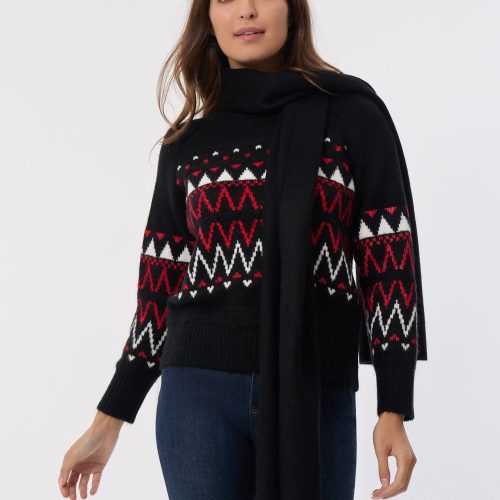 Crew Neck Scarf Sweater in the Color Jones Black Multi | Jones New York