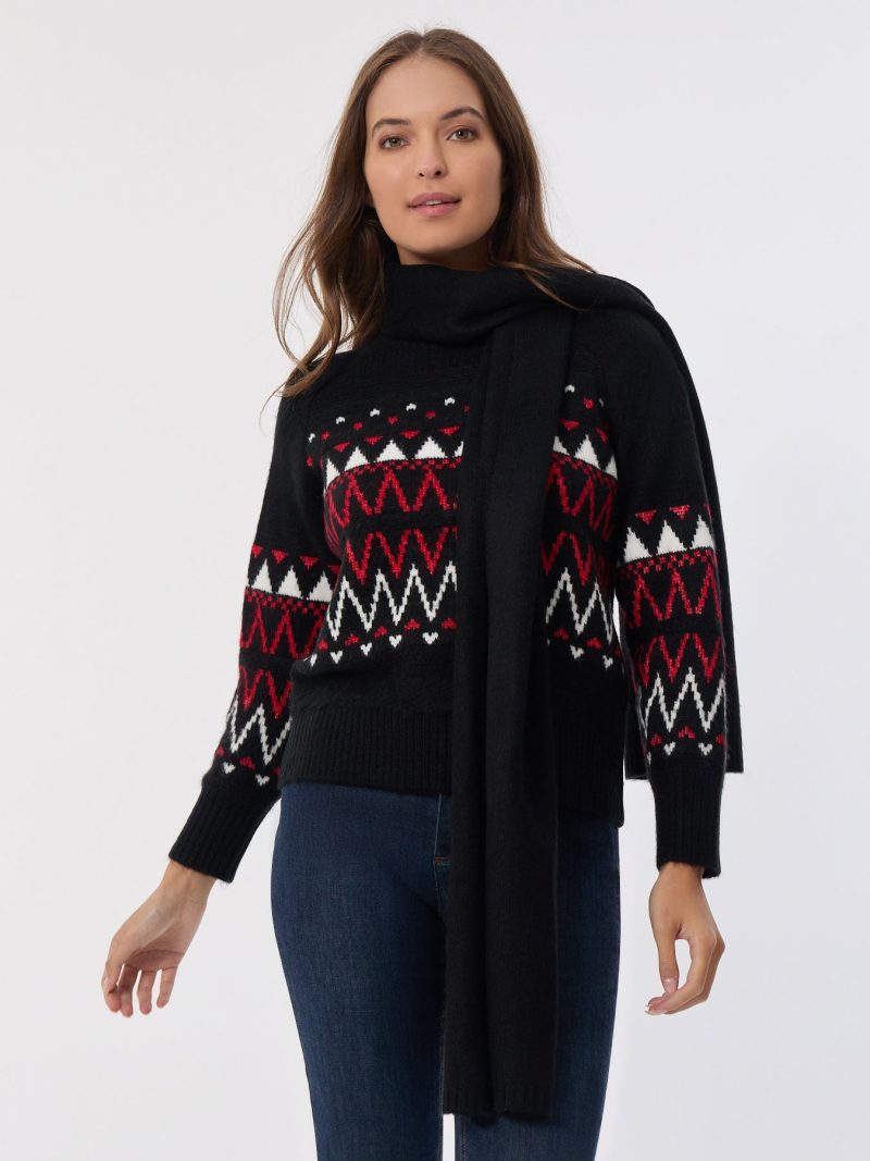 Crew Neck Scarf Sweater in the Color Jones Black Multi | Jones New York