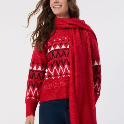 Crew Neck Scarf Sweater in the Color Deep Rouge Multi | Jones New York