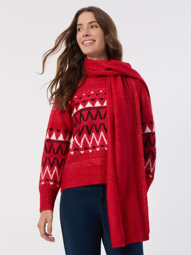 Crew Neck Scarf Sweater in the Color Deep Rouge Multi | Jones New York