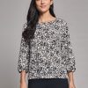 Puff Sleeve Printed Moss Crepe Top in the Color Jones White/Jones Black | Jones New York