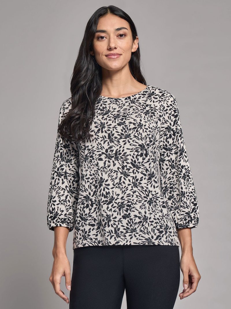 Puff Sleeve Printed Moss Crepe Top in the Color Jones White/Jones Black | Jones New York