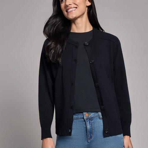 Button-Front Saddle Shoulder Cardigan in the Color Jones Black | Jones New York