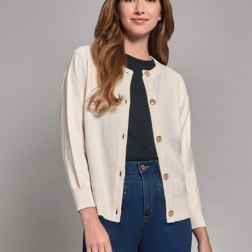 Button-Front Saddle Shoulder Cardigan in the Color Jones White | Jones New York