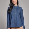 Denim Button-Front Pintuck Top in the Color Dark Wash | Jones New York