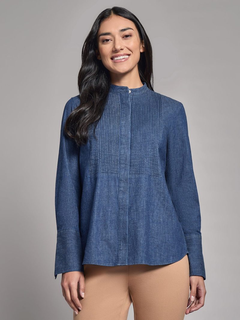 Denim Button-Front Pintuck Top in the Color Dark Wash | Jones New York