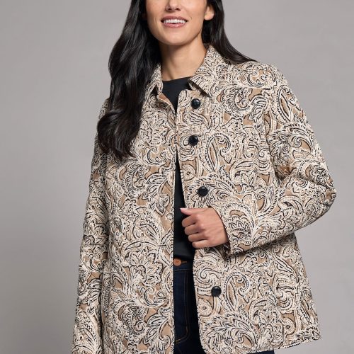 Five-Button Print Quilted Jacket in the Color Praline Multi | Jones New York