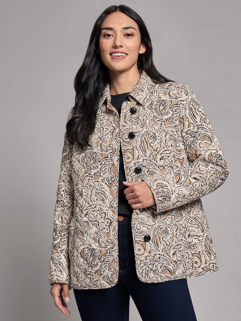 Five-Button Print Quilted Jacket in the Color Praline Multi | Jones New York