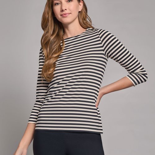 Stripe Button Shoulder Jersey Top in the Color Jones Black/Jones White | Jones New York