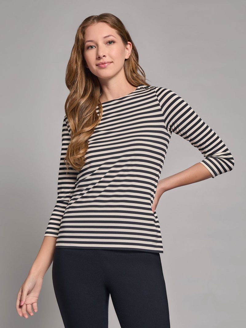 Stripe Button Shoulder Jersey Top in the Color Jones Black/Jones White | Jones New York