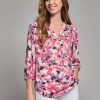 Print V-Neck Pleated Kelly Blouse in the Color Fresh Guava Multi | Jones New York