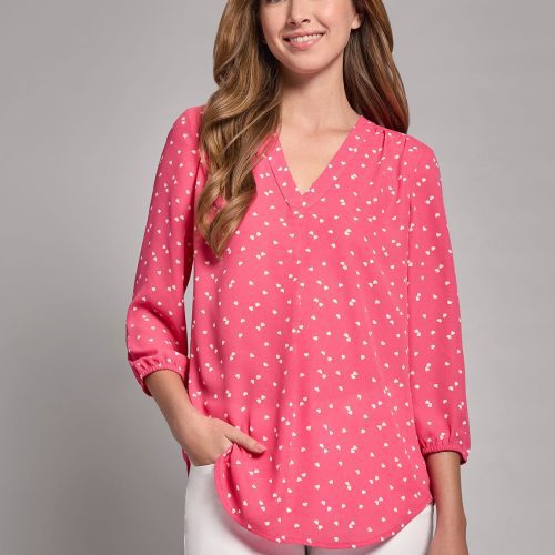 Print V-Neck Pleated Kelly Blouse in the Color Fresh Guava/Jones White | Jones New York