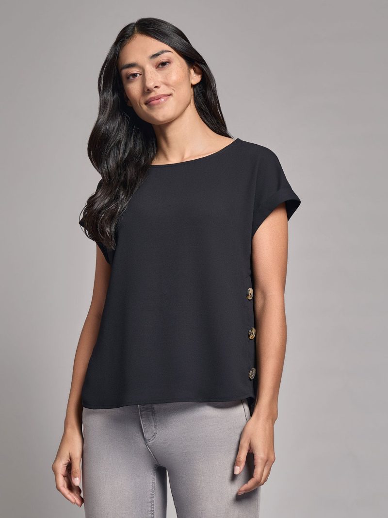 Button Detail Blouse, Jasper Crepe in the Color Jones Black | Jones New York