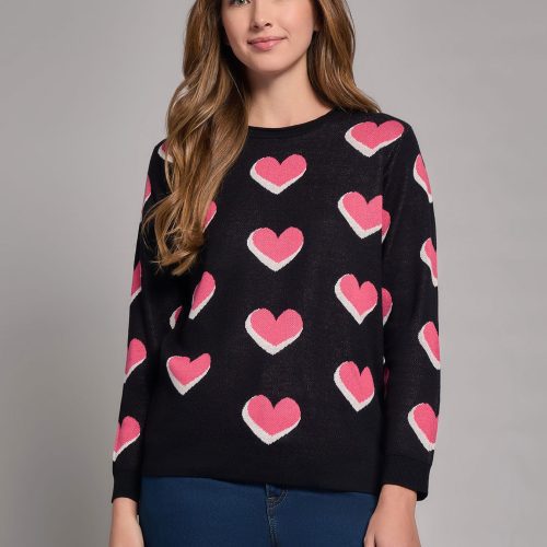 Heart Print Crew Neck Sweater in the Color Jones Black Multi | Jones New York