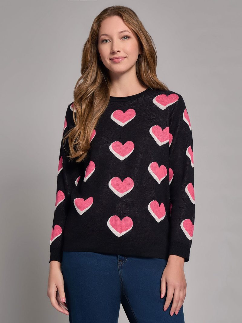 Heart Print Crew Neck Sweater in the Color Jones Black Multi | Jones New York