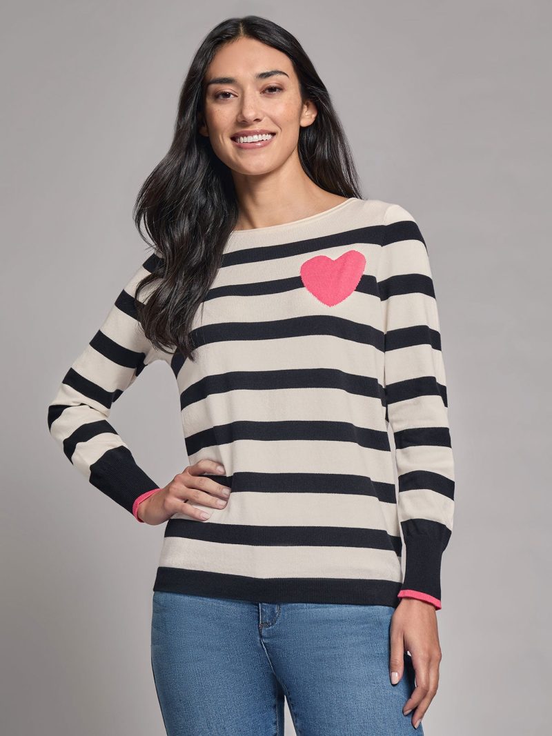 Heart Detail Strip Boat Neck Sweater in the Color Jones White Multi | Jones New York